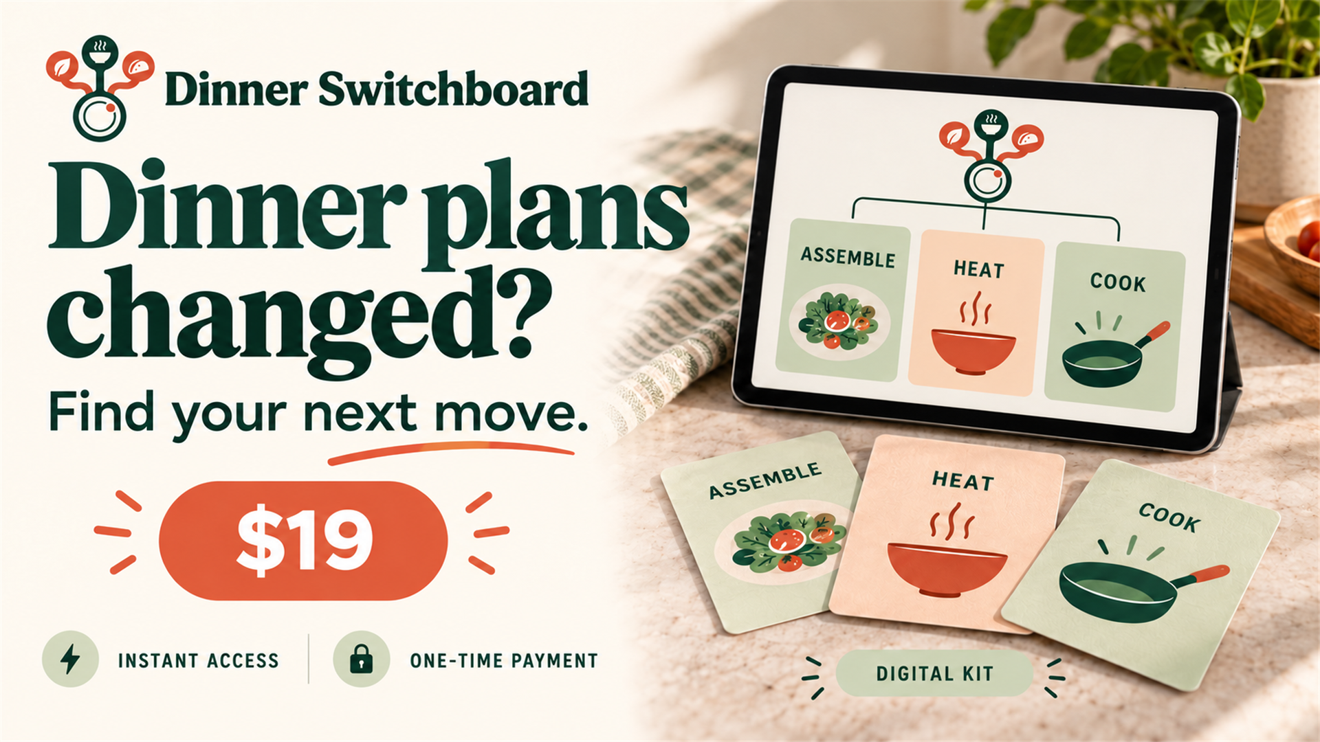 Dinner Switchboard digital kit concept: Assemble, Heat and Cook cards, priced at $19